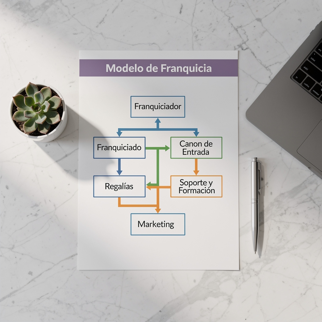 Diagrama visual del modelo de franquicia con sus componentes clave