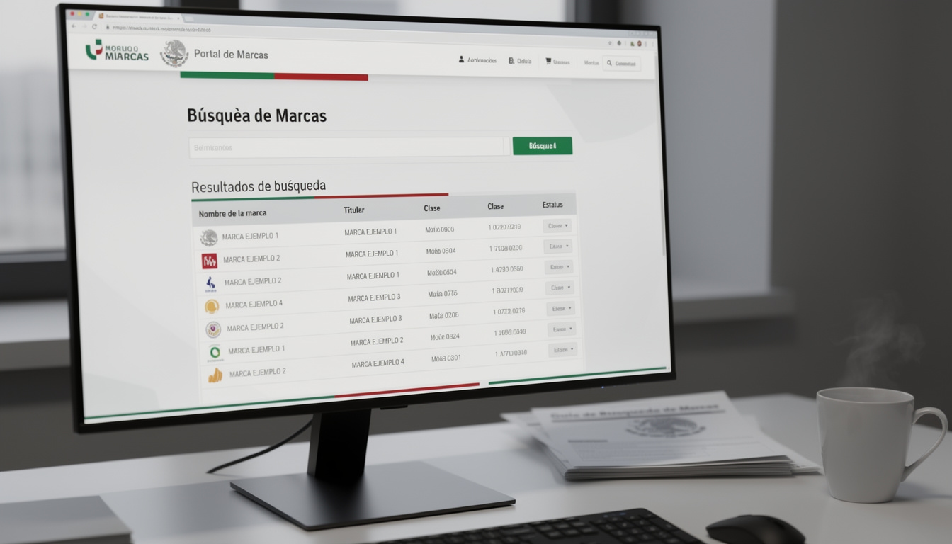Pantalla de computadora mostrando el portal de búsqueda de marcas del IMPI con resultados de búsqueda visibles
