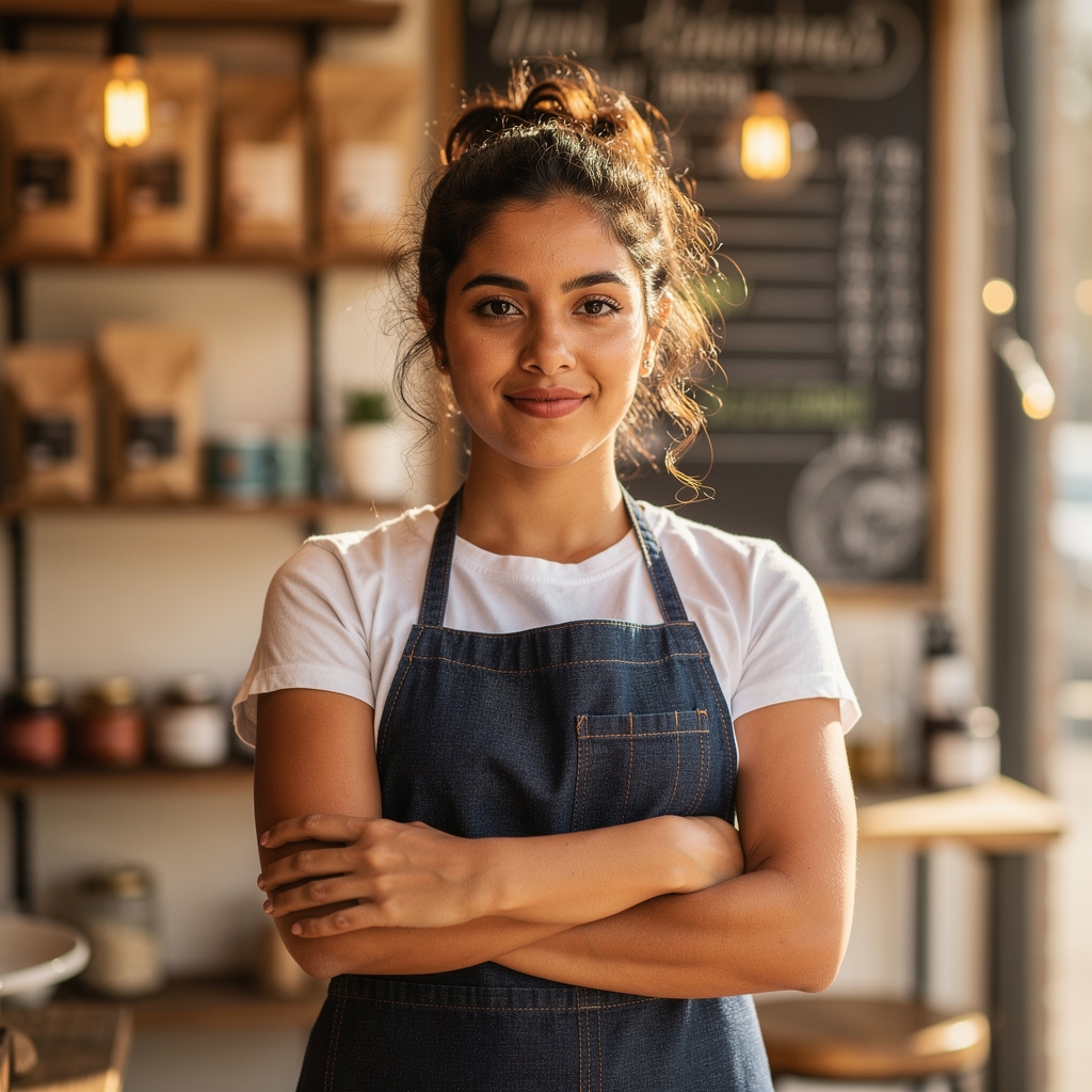 Emprendedora construyendo su negocio independiente desde cero en un espacio de trabajo moderno