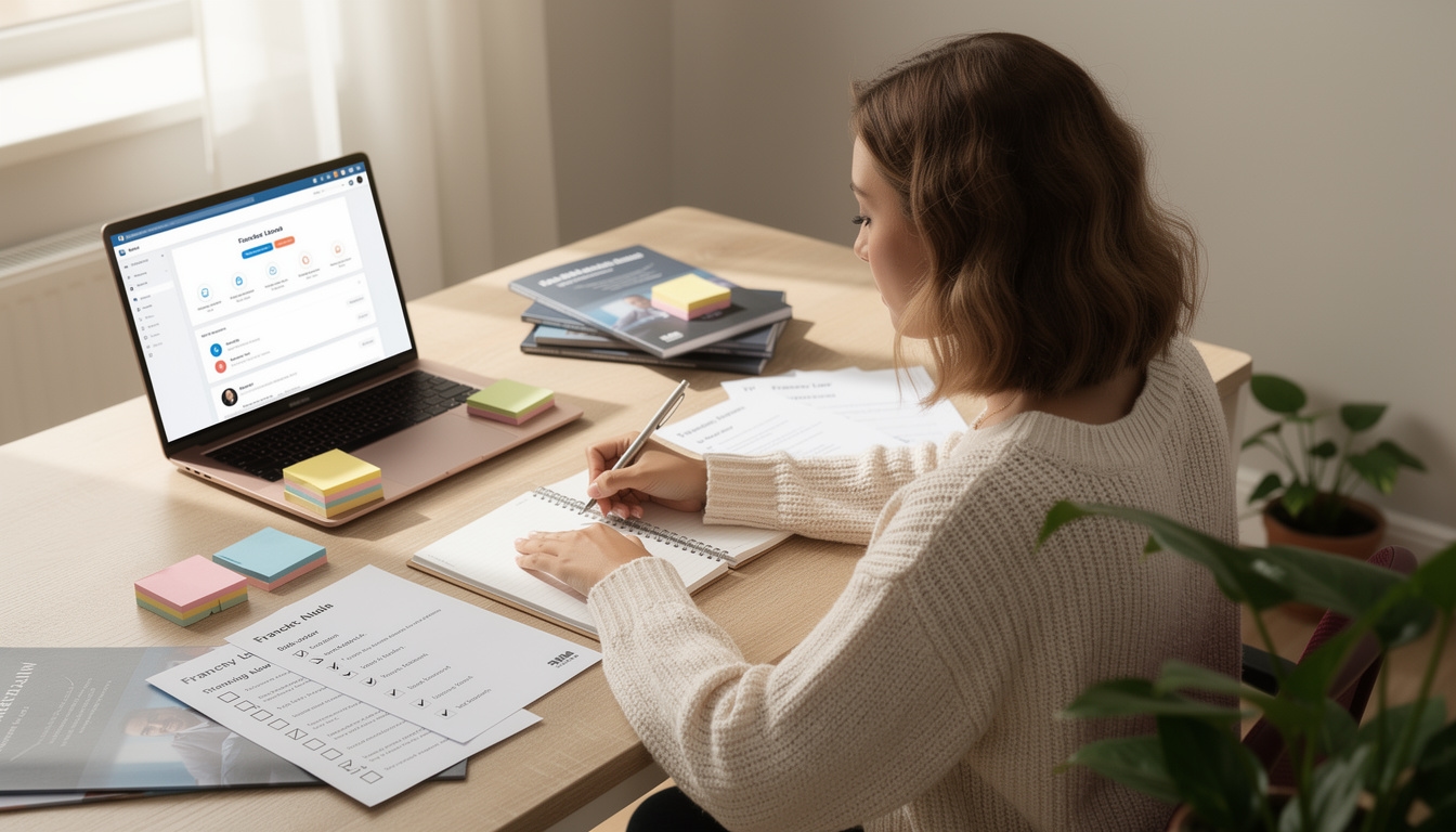 Persona organizando materiales de investigación sobre franquicias en escritorio ordenado con notas y laptop